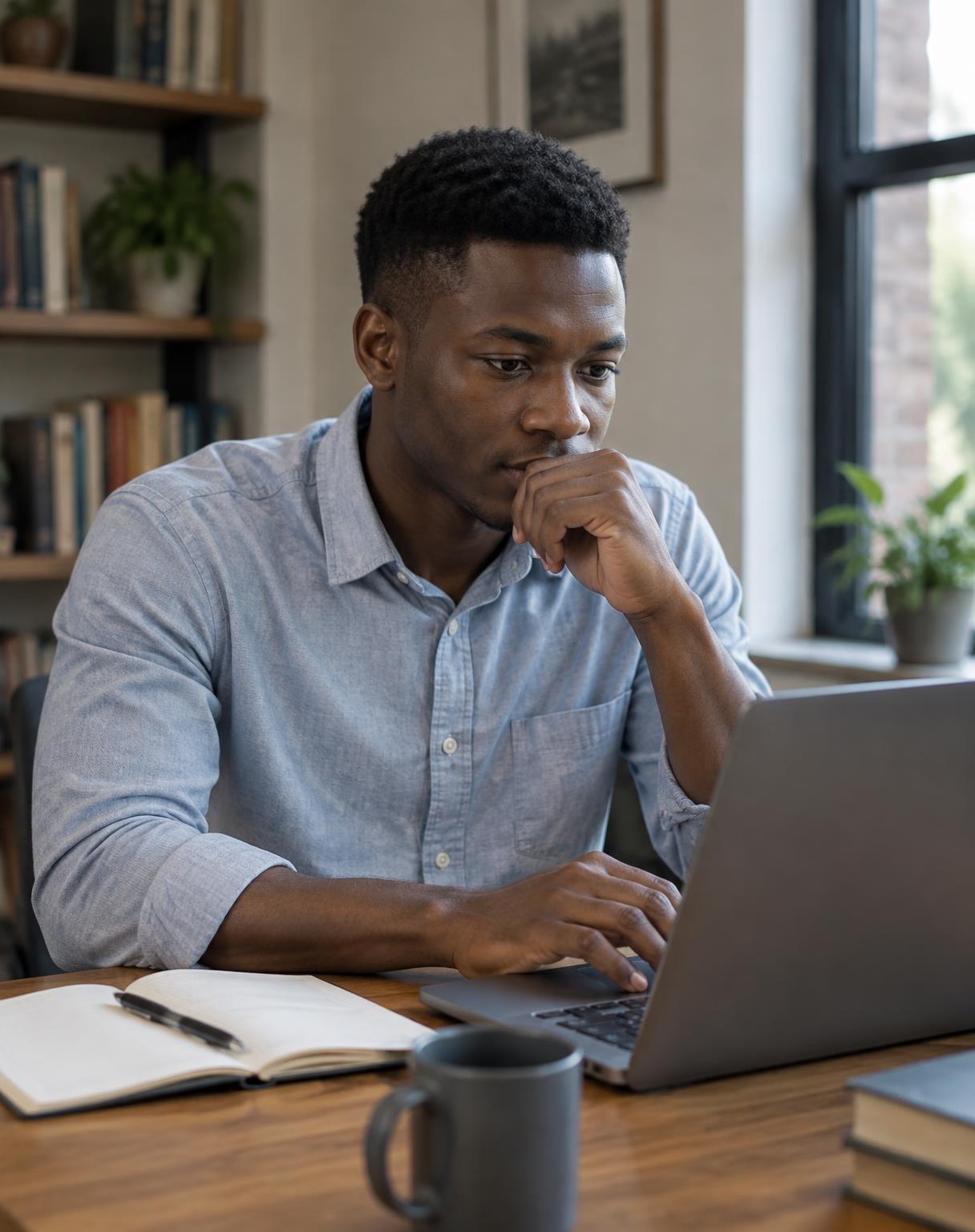 A young man completing an application form on a laptop at a study desk