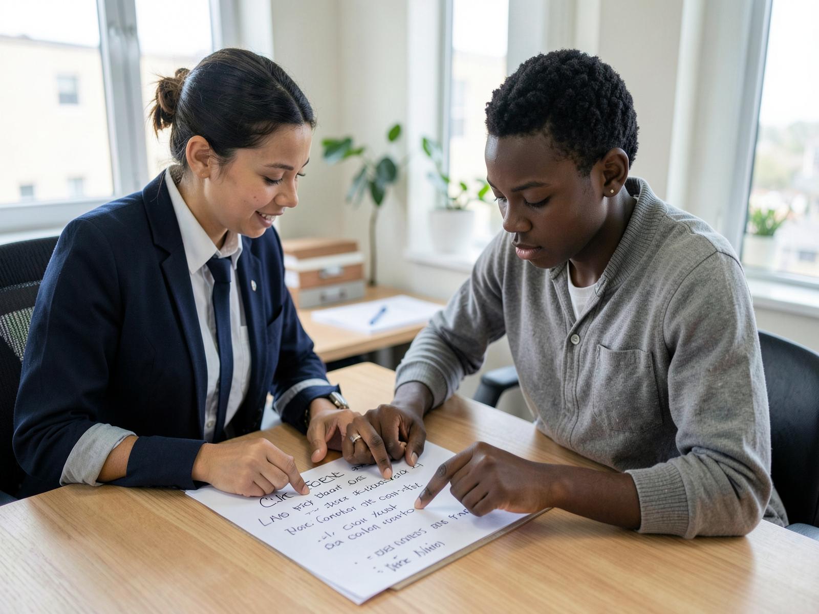 An adviser and a young African student mapping out a written career plan together at a desk