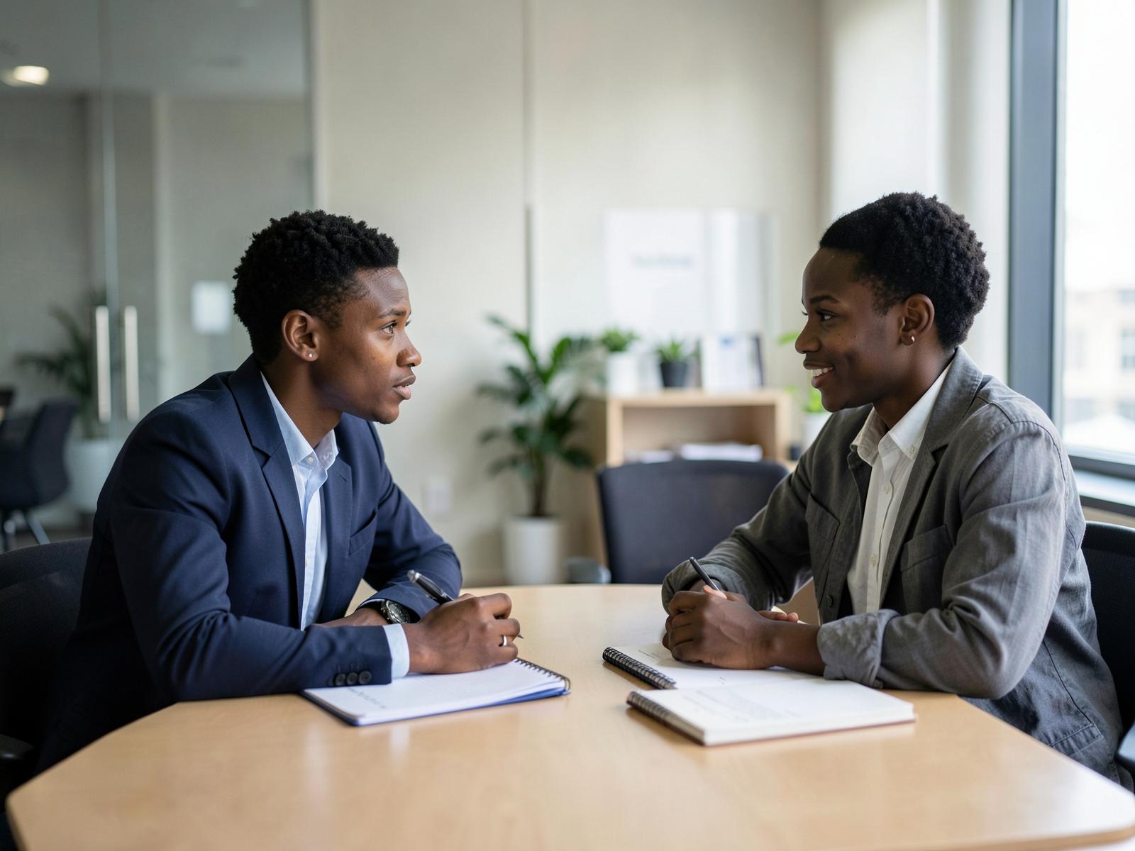 Two young African professionals in focused conversation across a table in a modern office, both taking notes