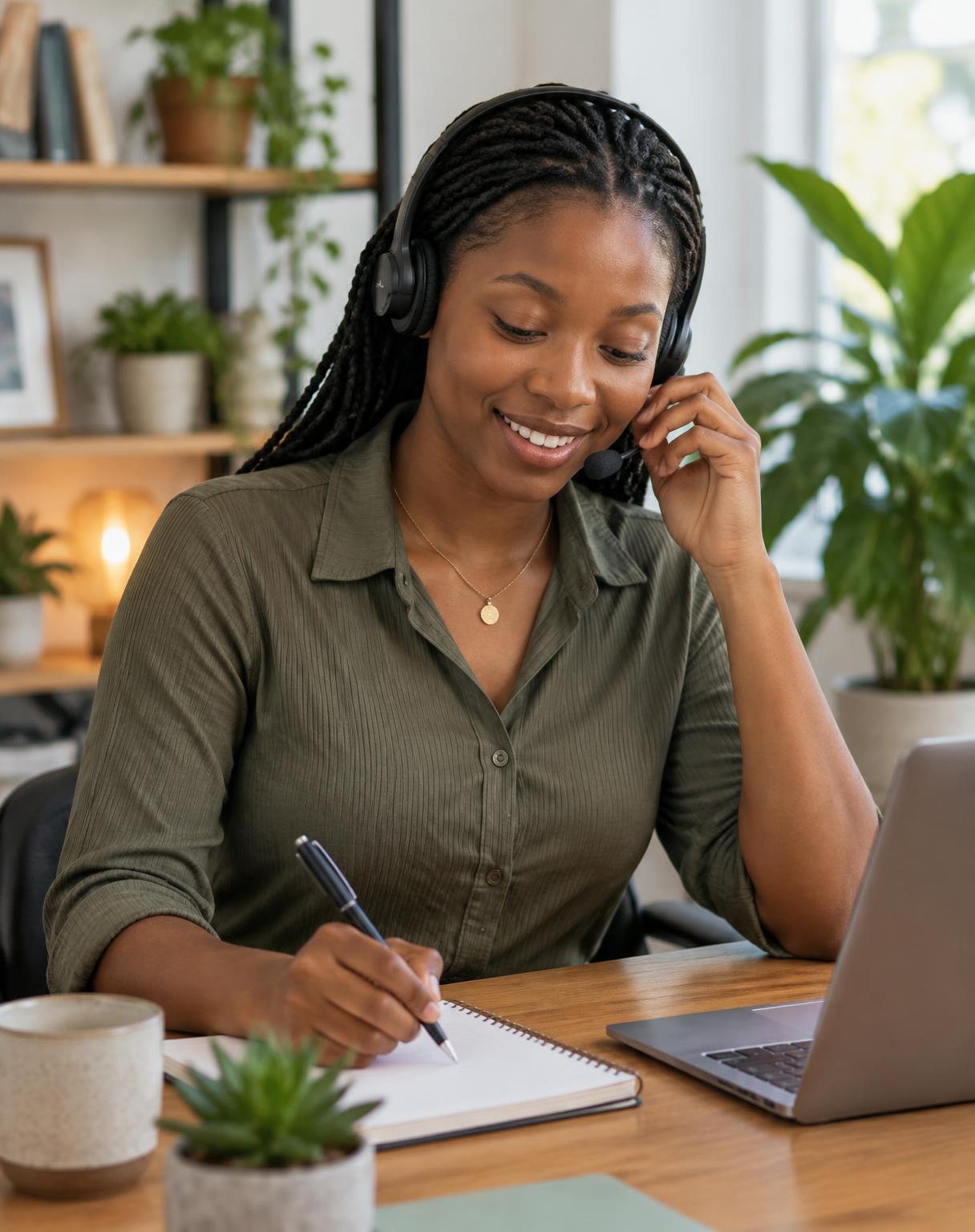 A young professional taking notes while speaking with a caller at an office desk