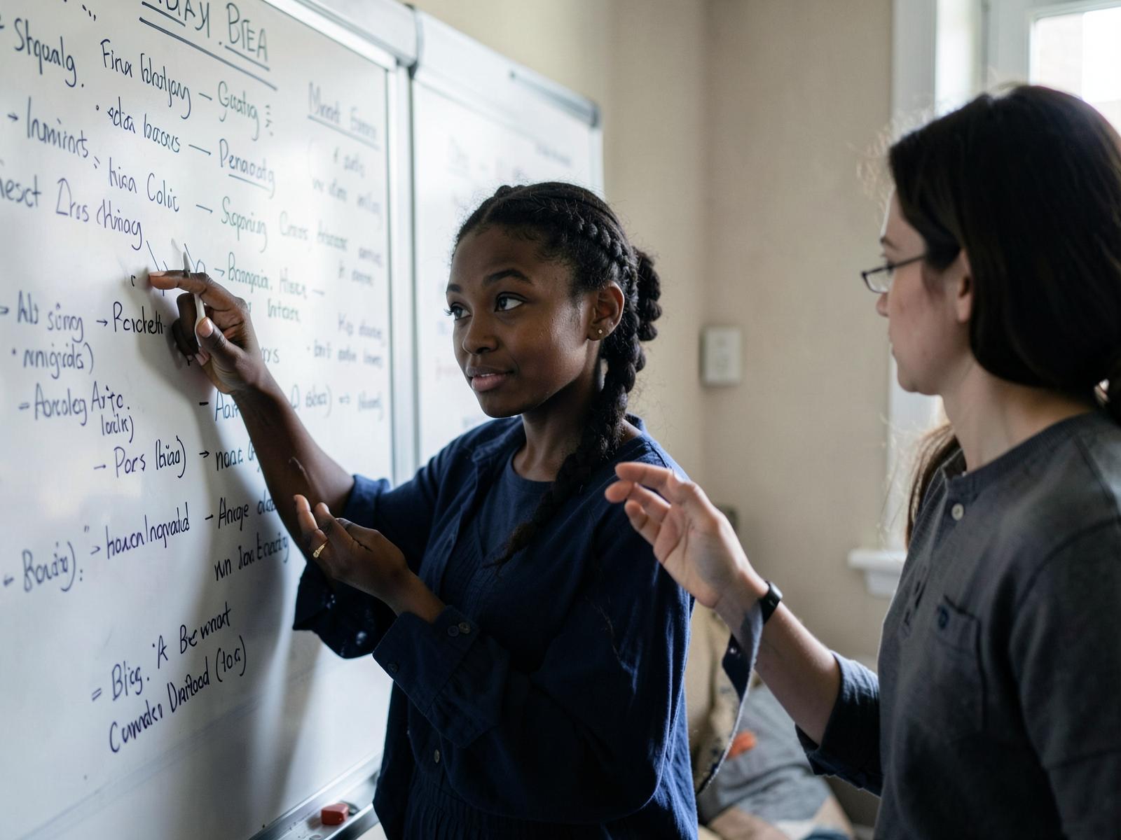 A young African woman working through structured notes on a whiteboard while a colleague listens and responds