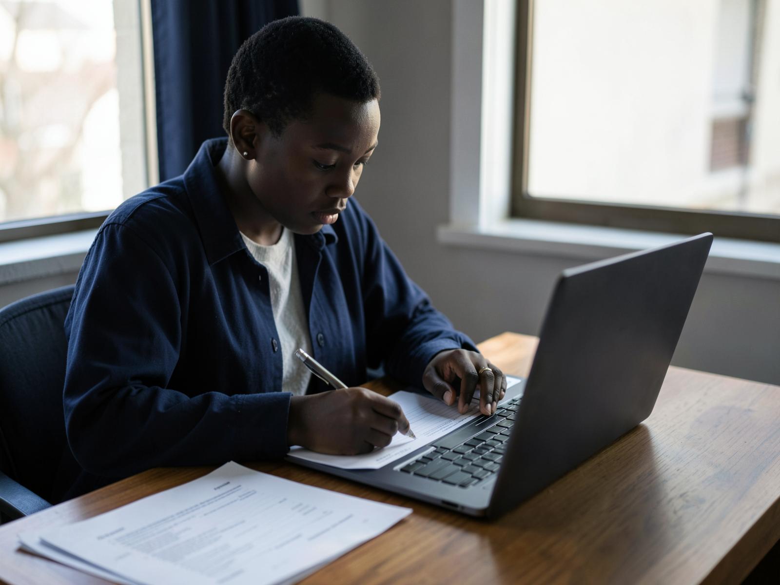 A young African graduate drafting a curriculum vitae on a laptop with printed documents on the desk
