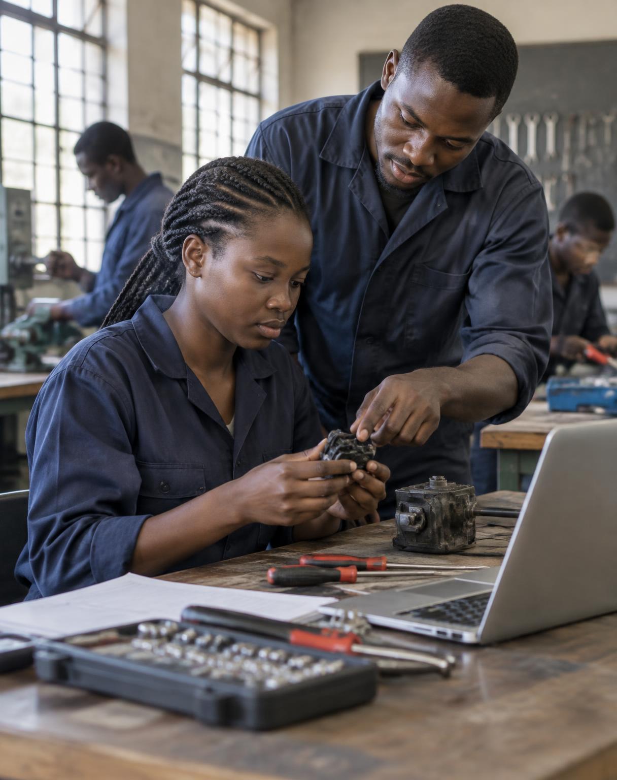 A trainer guiding a young woman through practical work at a workshop bench