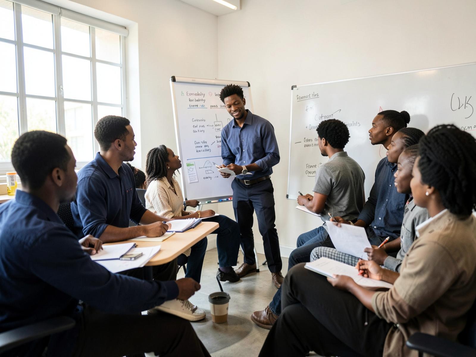 A facilitator leading a professional skills training session for a small group of young African adults taking notes in a bright training room