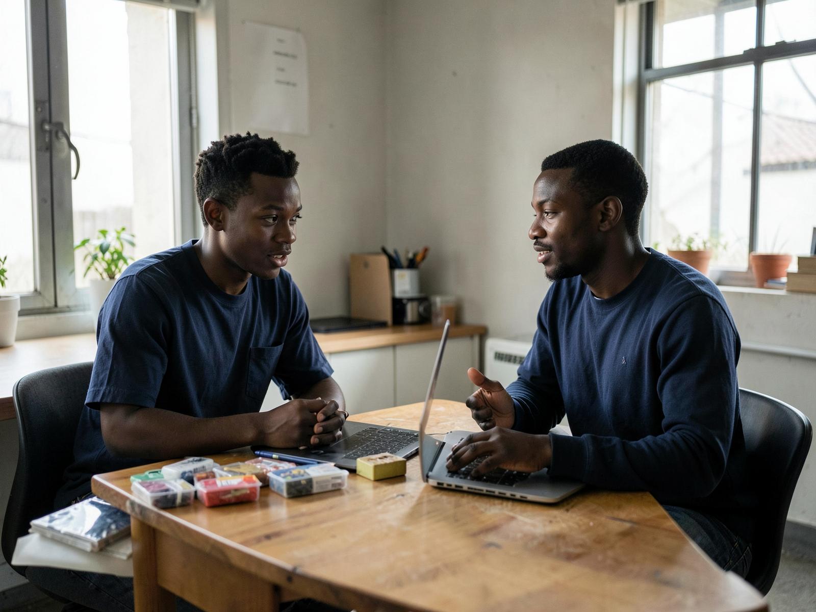 Two young African entrepreneurs discussing their small business with product samples and a laptop on a wooden table