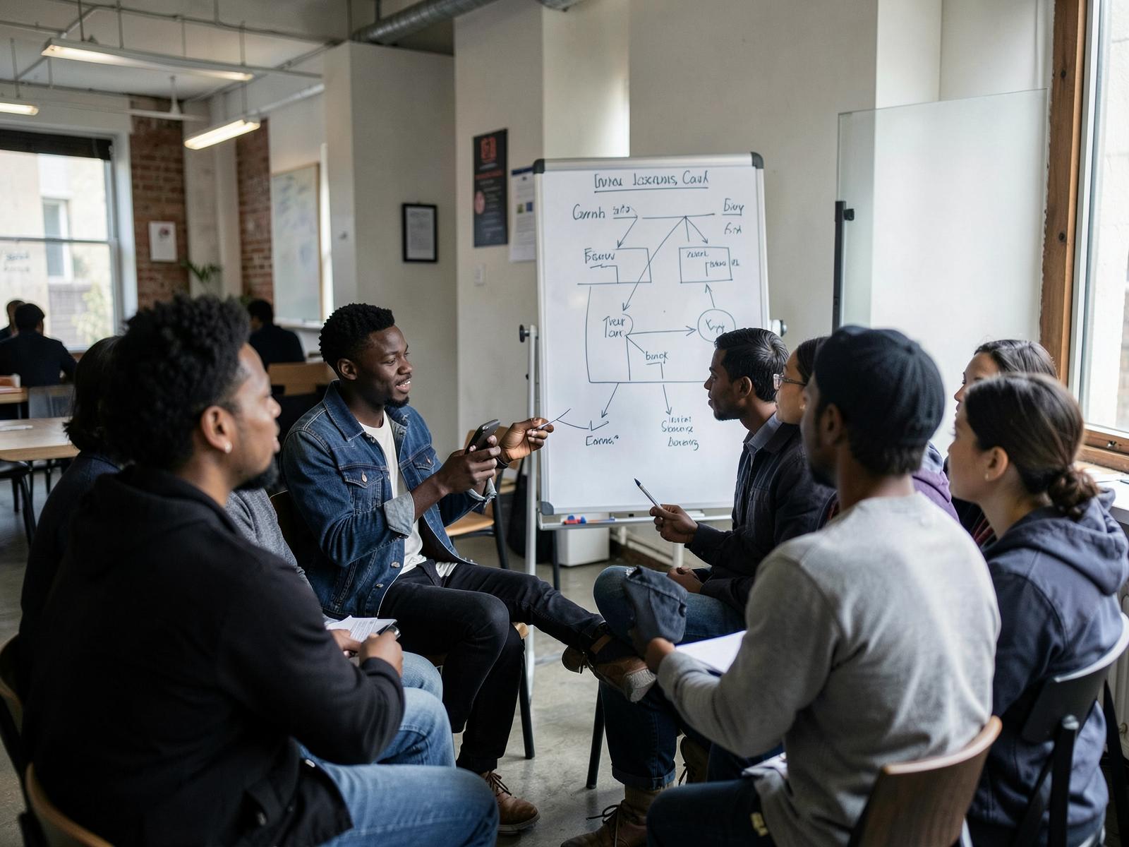 A young African entrepreneur presenting a business idea on a flip chart to a small seated group in a co working space