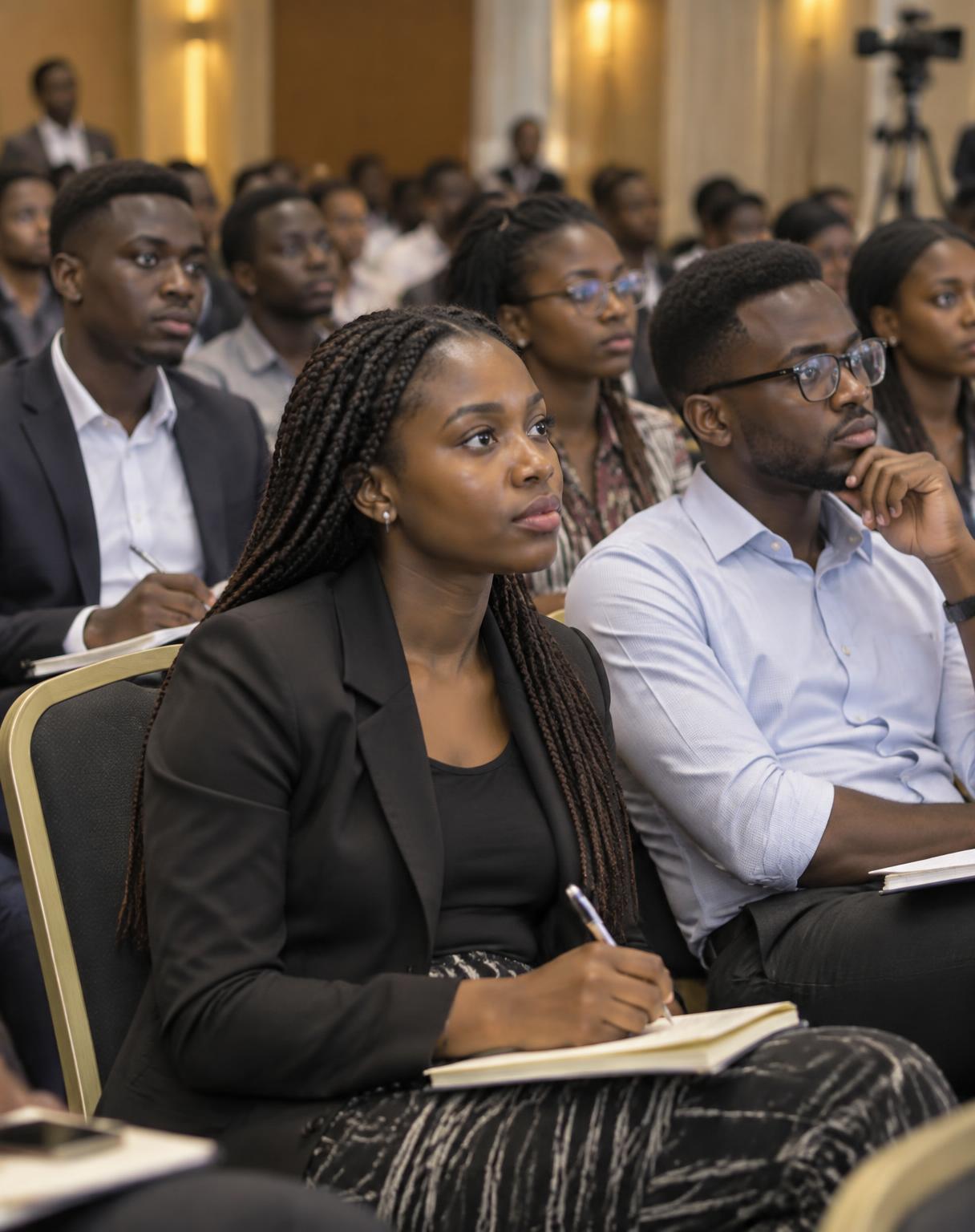 Young professionals seated in a hall taking notes during a career seminar