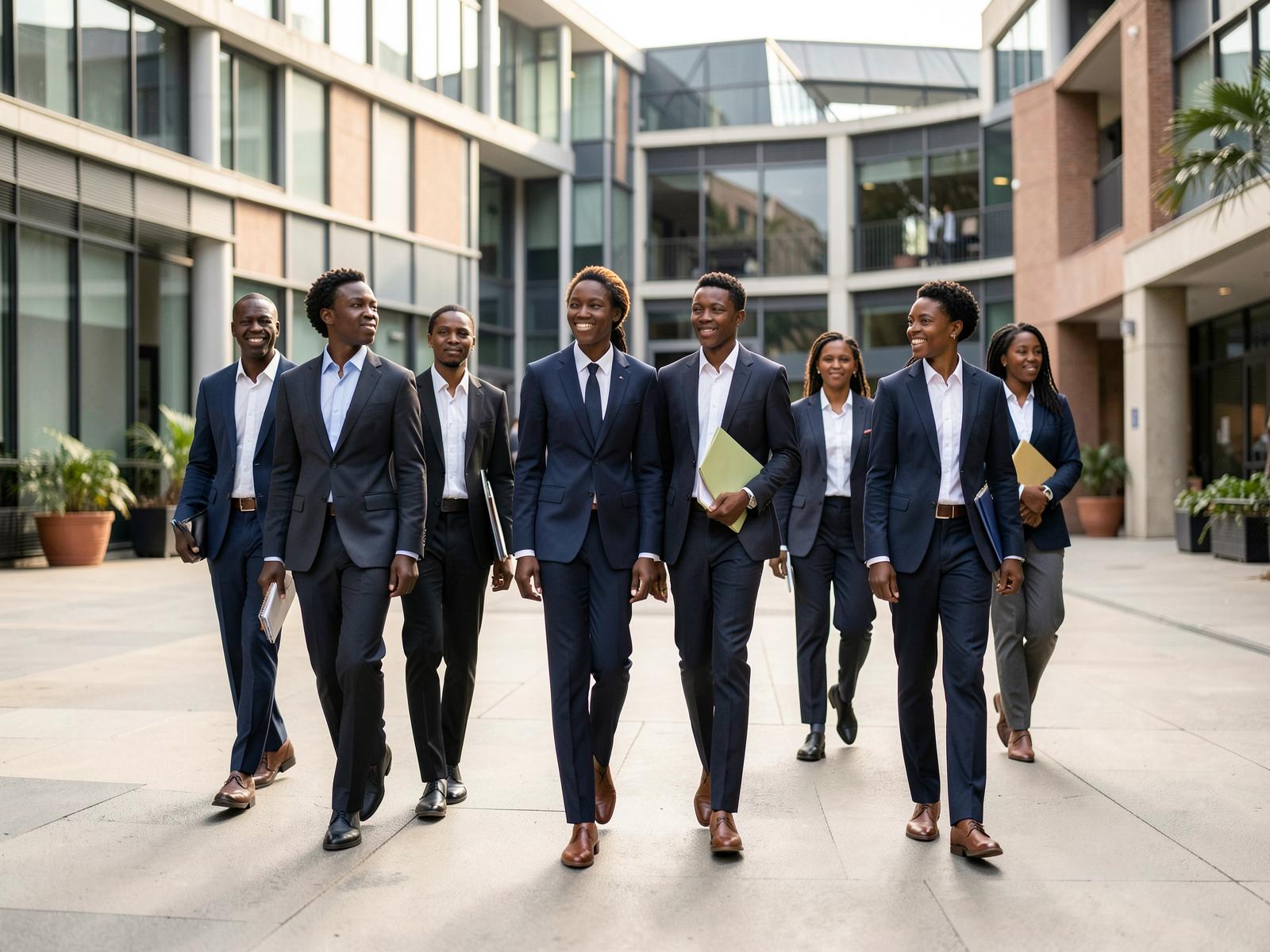 A recent African graduate in professional attire holding a portfolio outside a university building