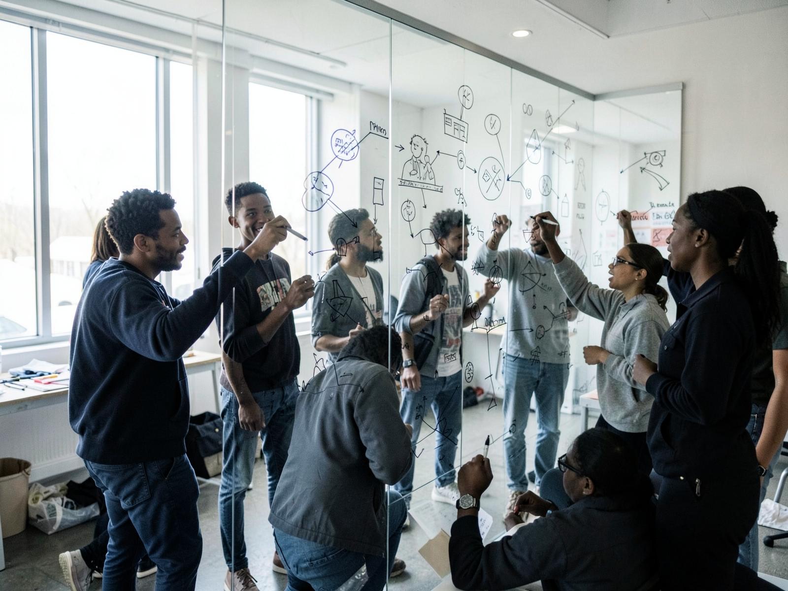 Young African innovators sketching ideas on a large glass wall during a collaborative session in a bright studio