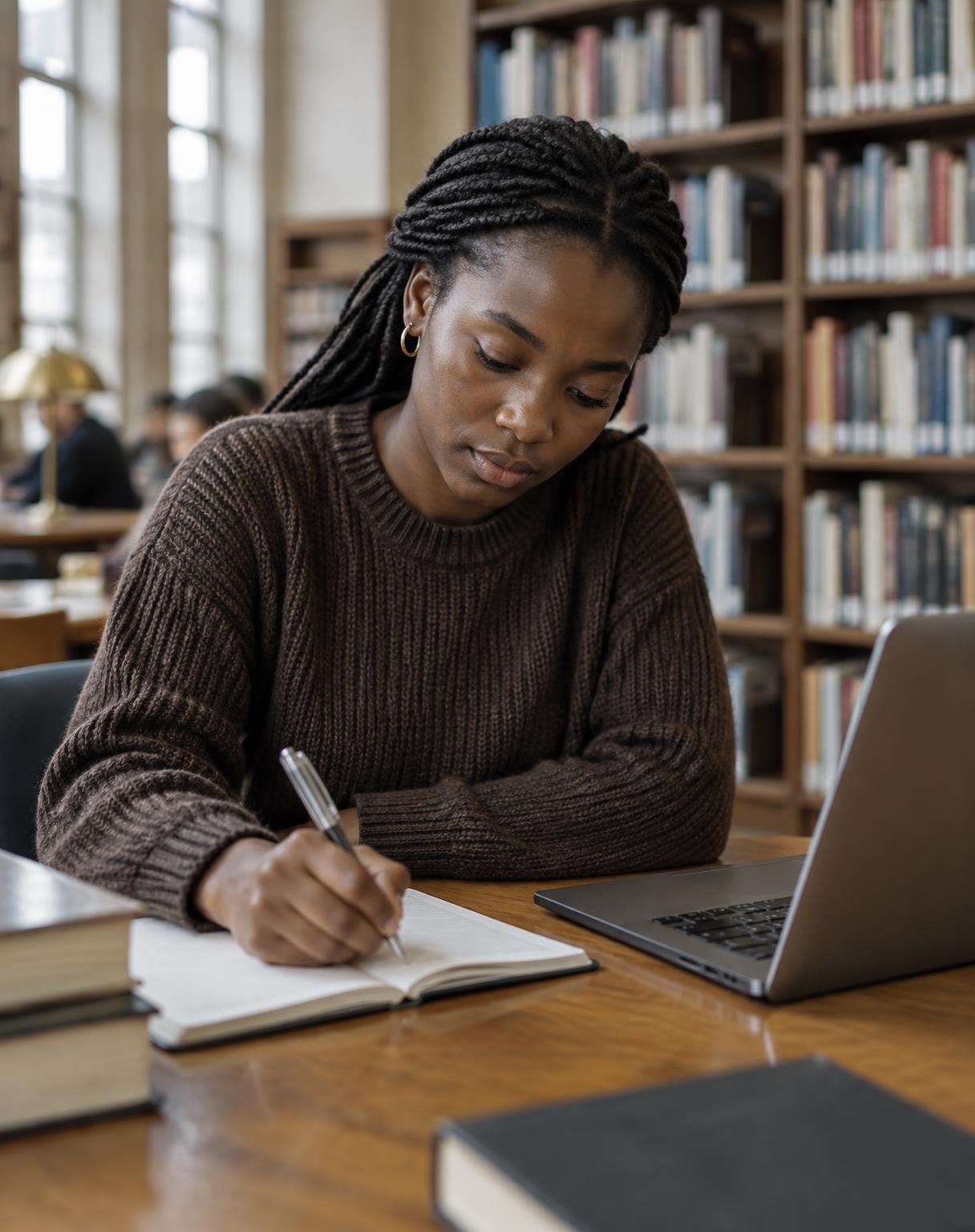 A young woman writing notes beside a laptop in a library reading room