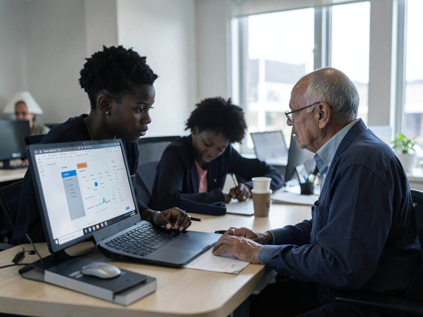 A young African intern reviewing work on a laptop alongside a senior colleague in a contemporary workplace