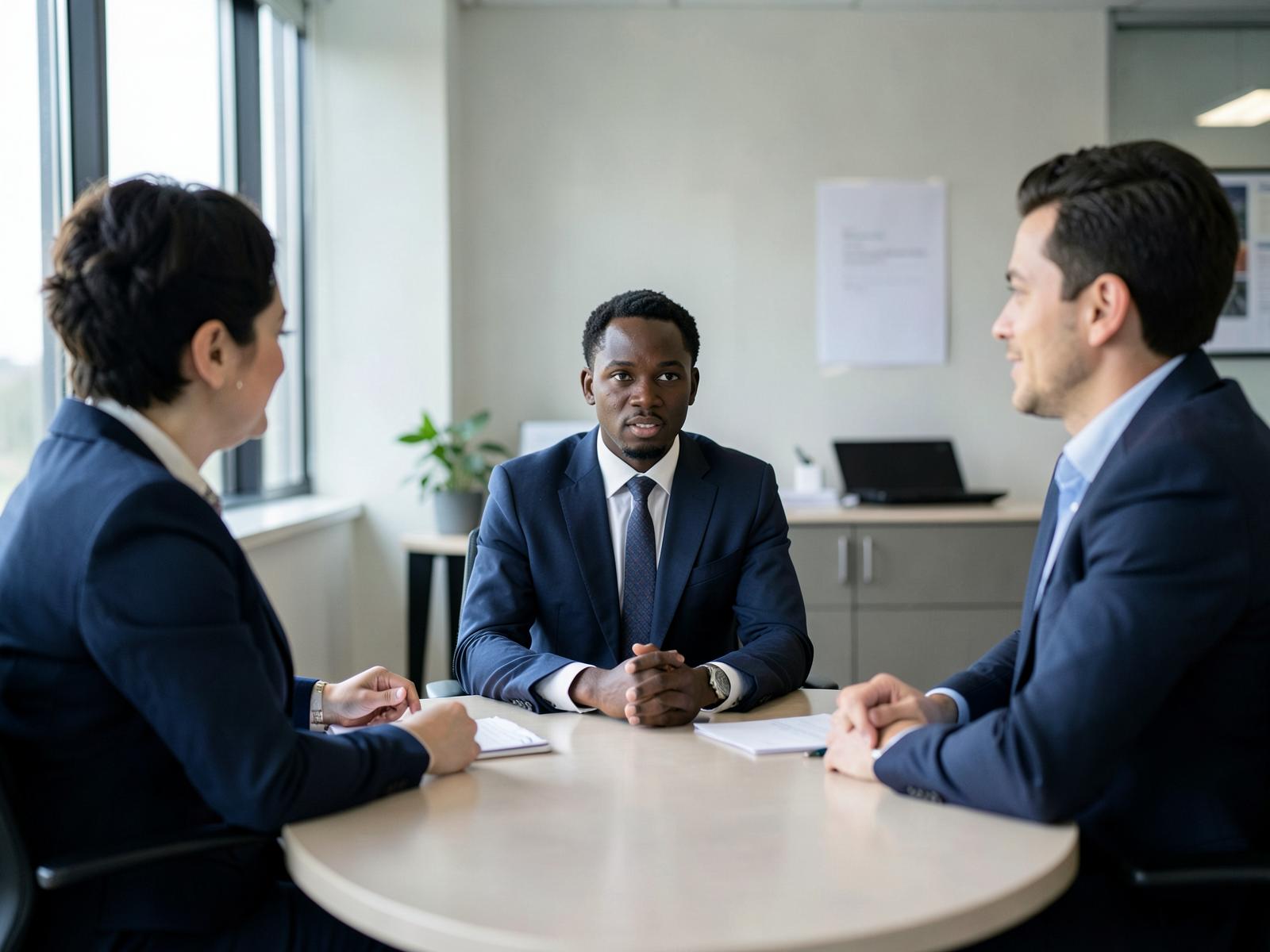 A young African candidate seated across from two interviewers during a practice interview in an office