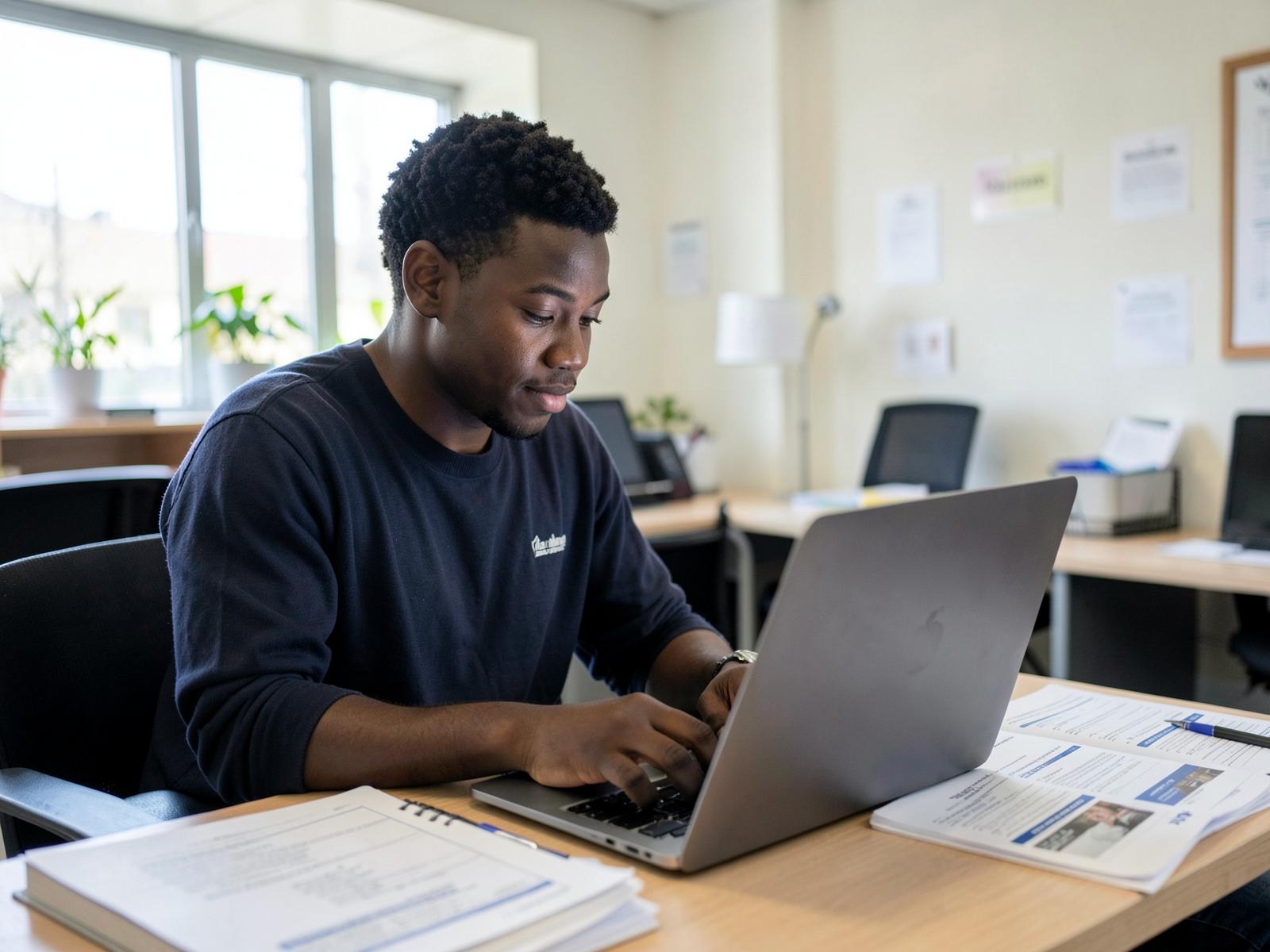A young African job seeker reviewing vacancies on a laptop with application documents beside them at a career centre desk