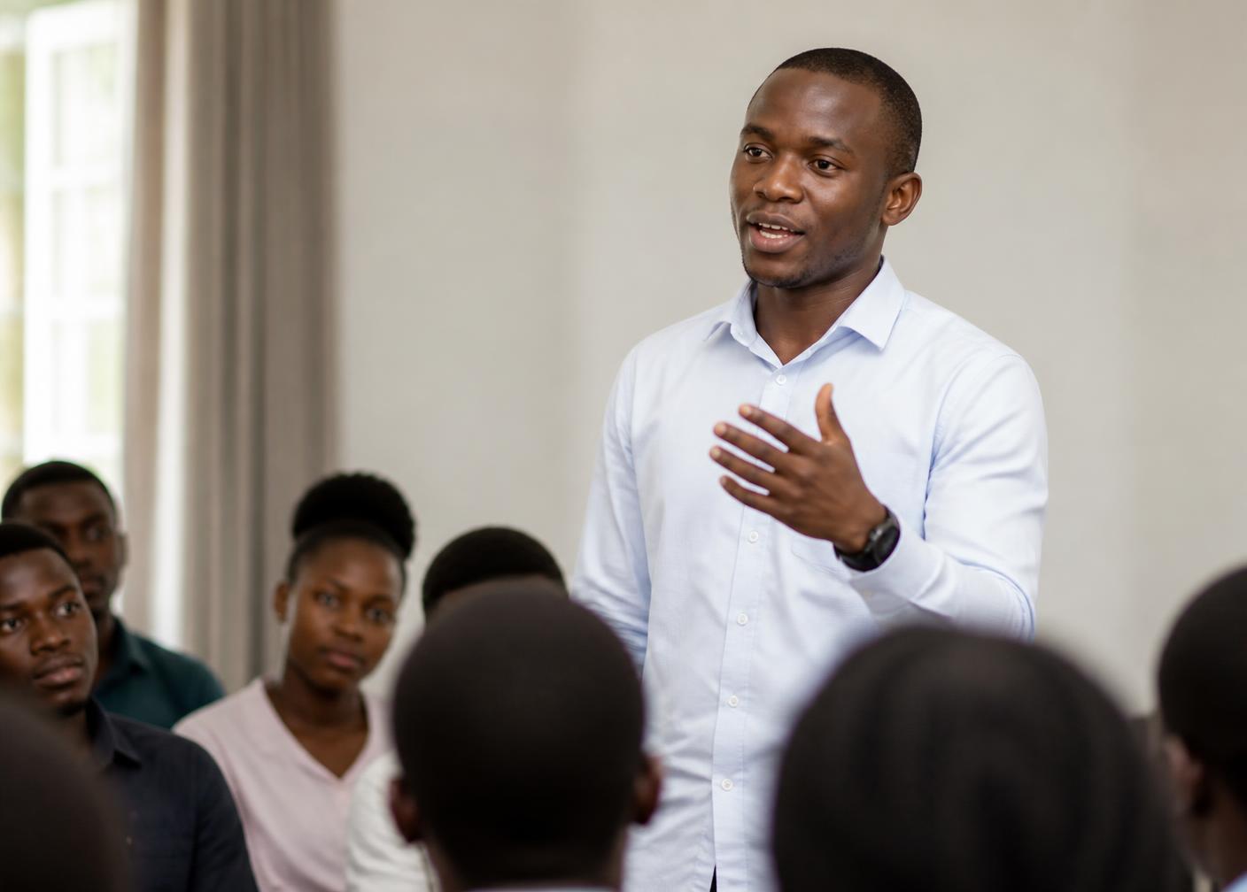 Young African speaker addressing participants during an intensive AYCADO career bootcamp session