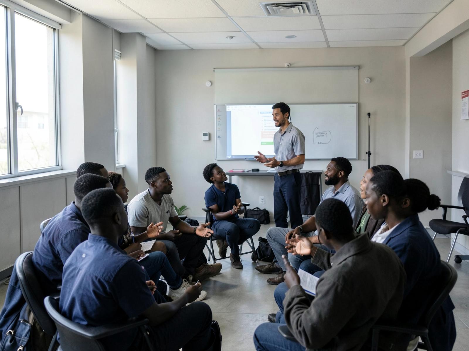 Young African participants seated in a circle during a leadership development session with a facilitator standing