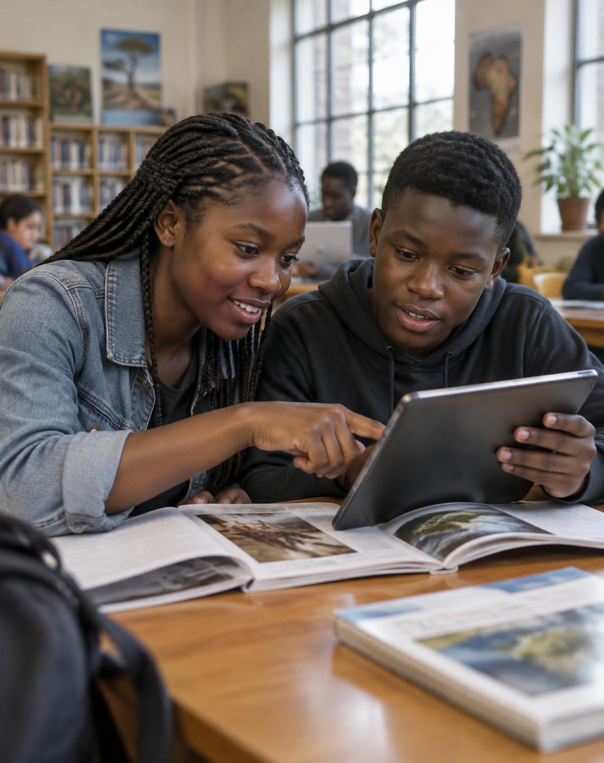 Two young students reviewing learning guides and a tablet together in a resource centre