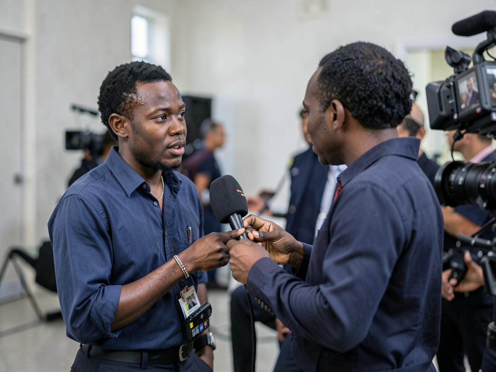A young African journalist conducting an interview with a handheld microphone while a colleague operates a camera