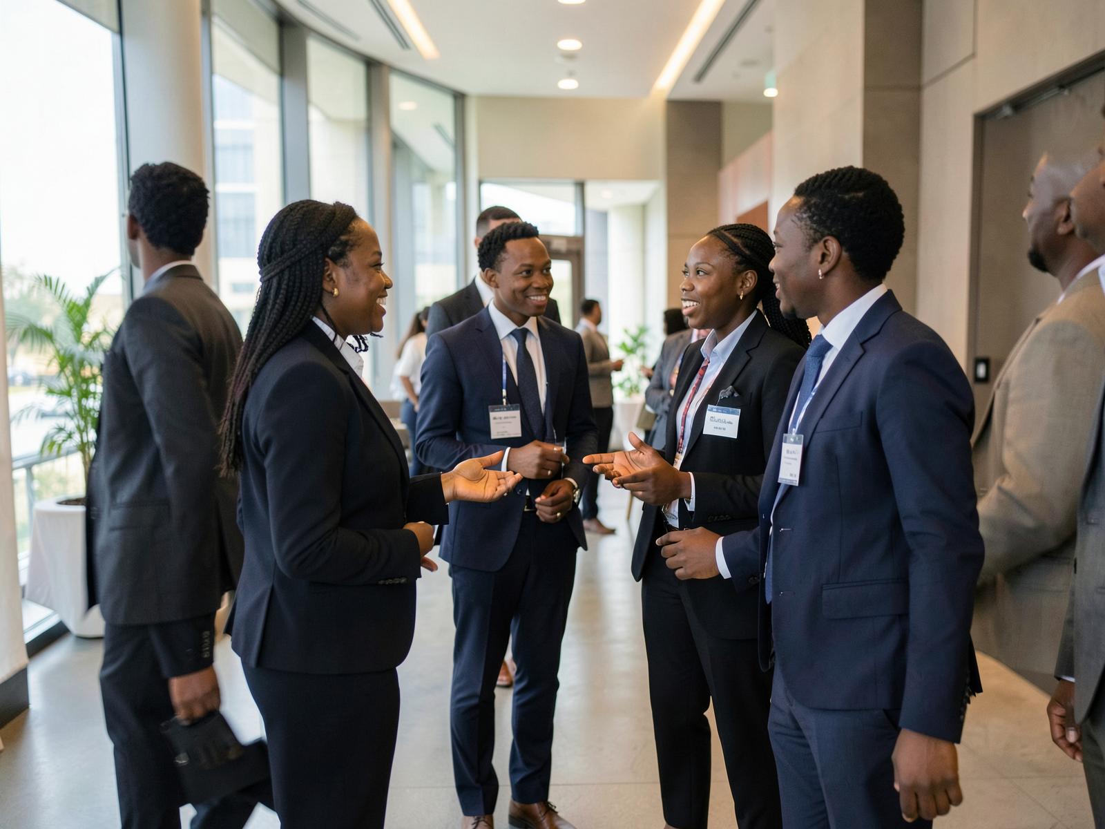 Young African professionals introducing themselves and talking in the foyer of a modern venue at a professional gathering