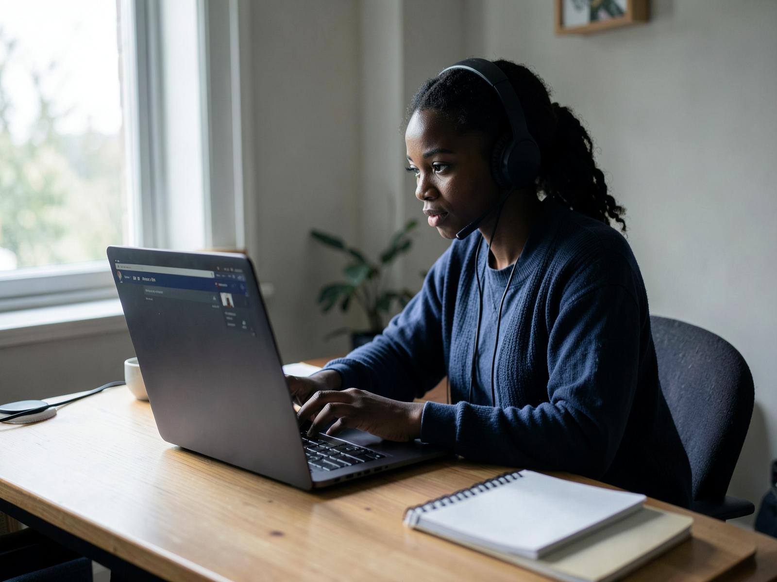 A young African woman taking part in an online learning session on a laptop with headphones at a desk at home