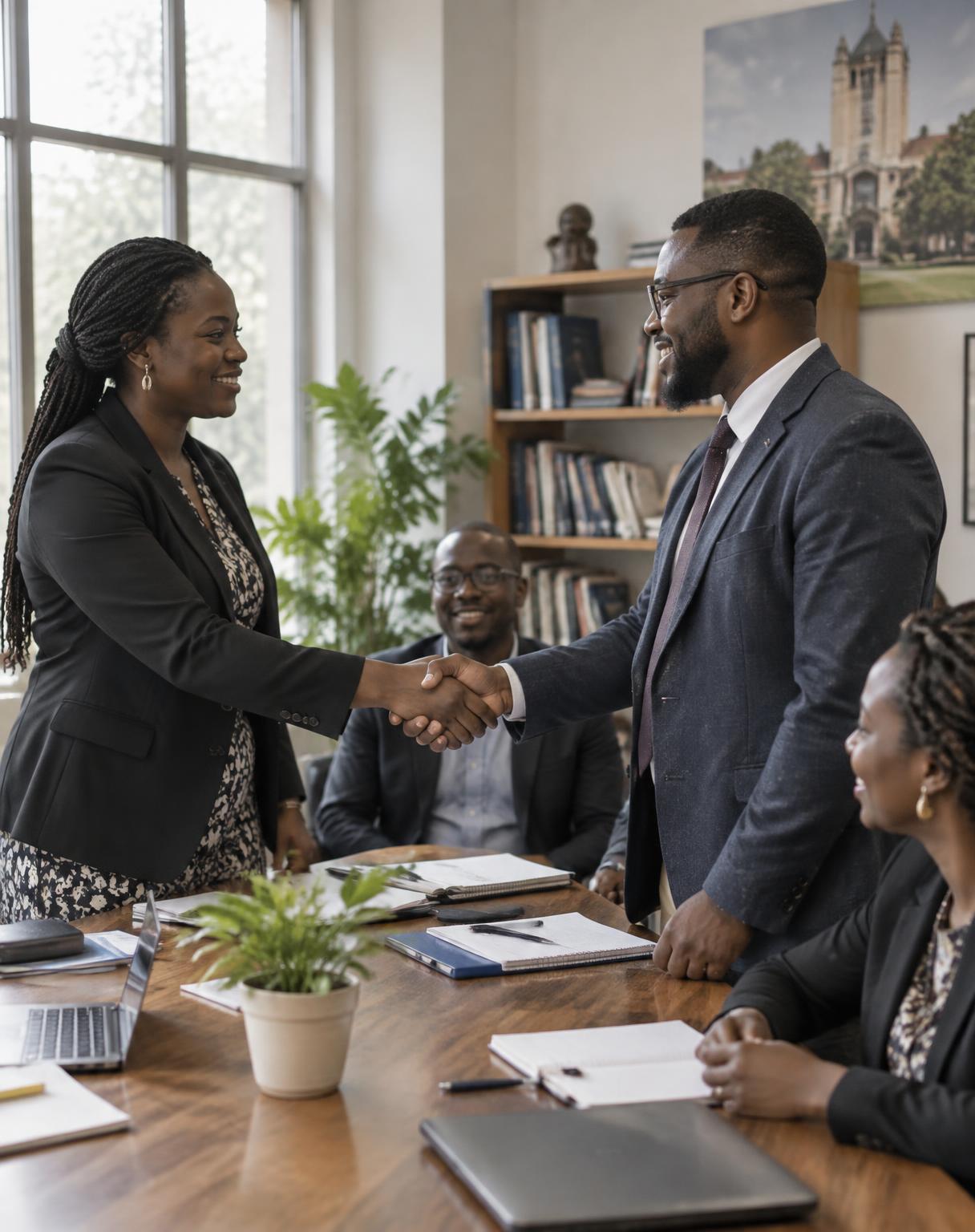 Two professionals shaking hands after a partnership meeting with colleagues present