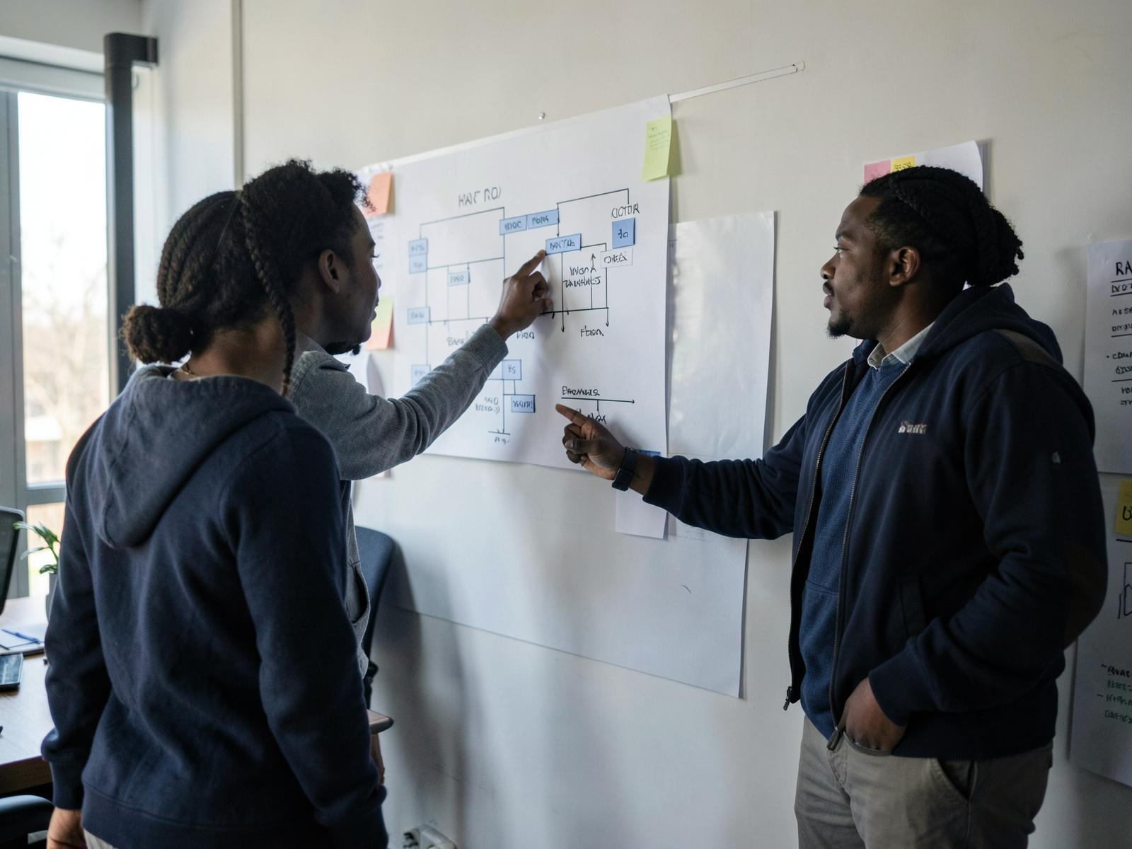 Young African colleagues reviewing a project timeline pinned to a wall in a modern workspace