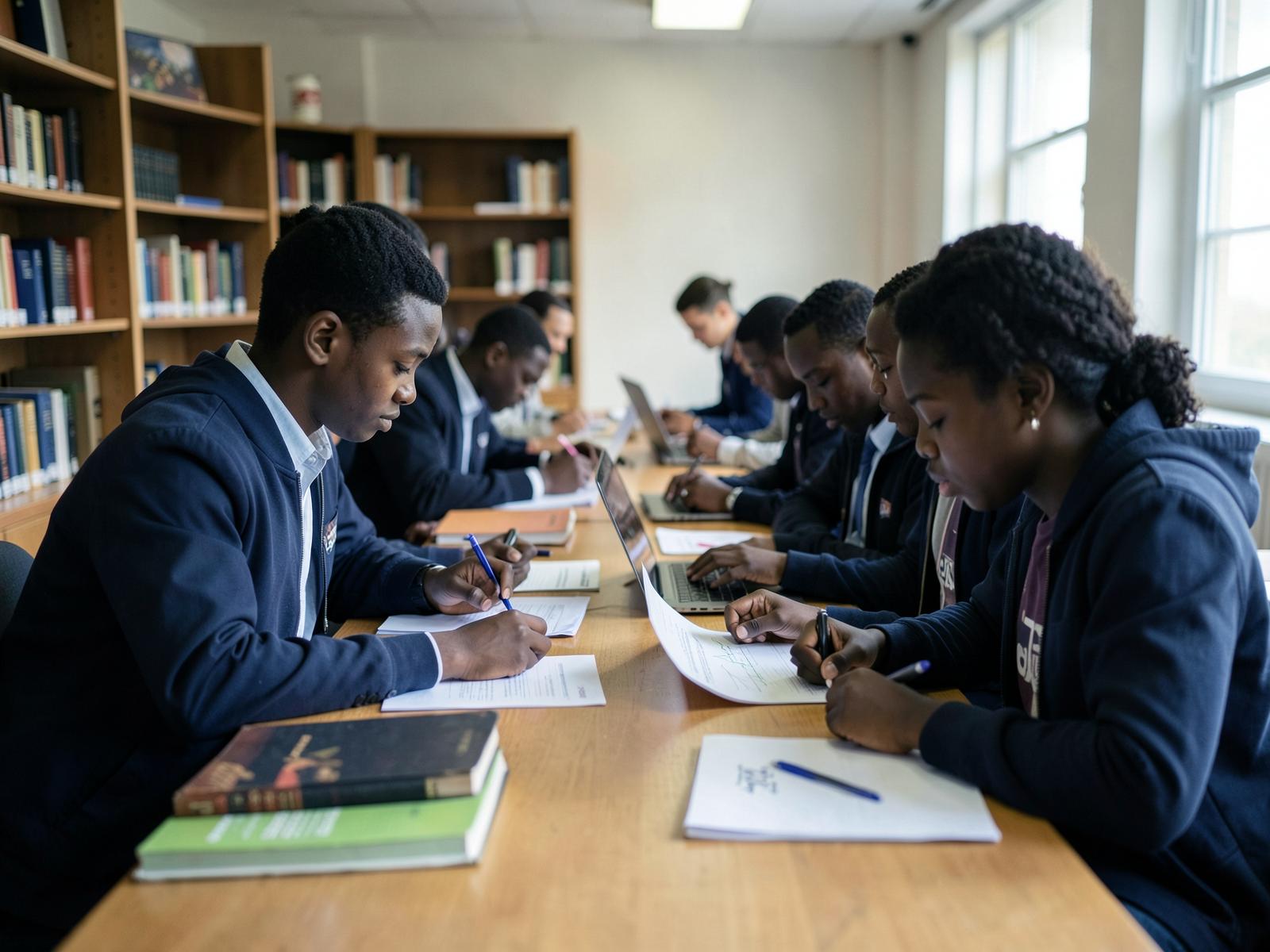 Young African university students working through research material and notes at a long library table