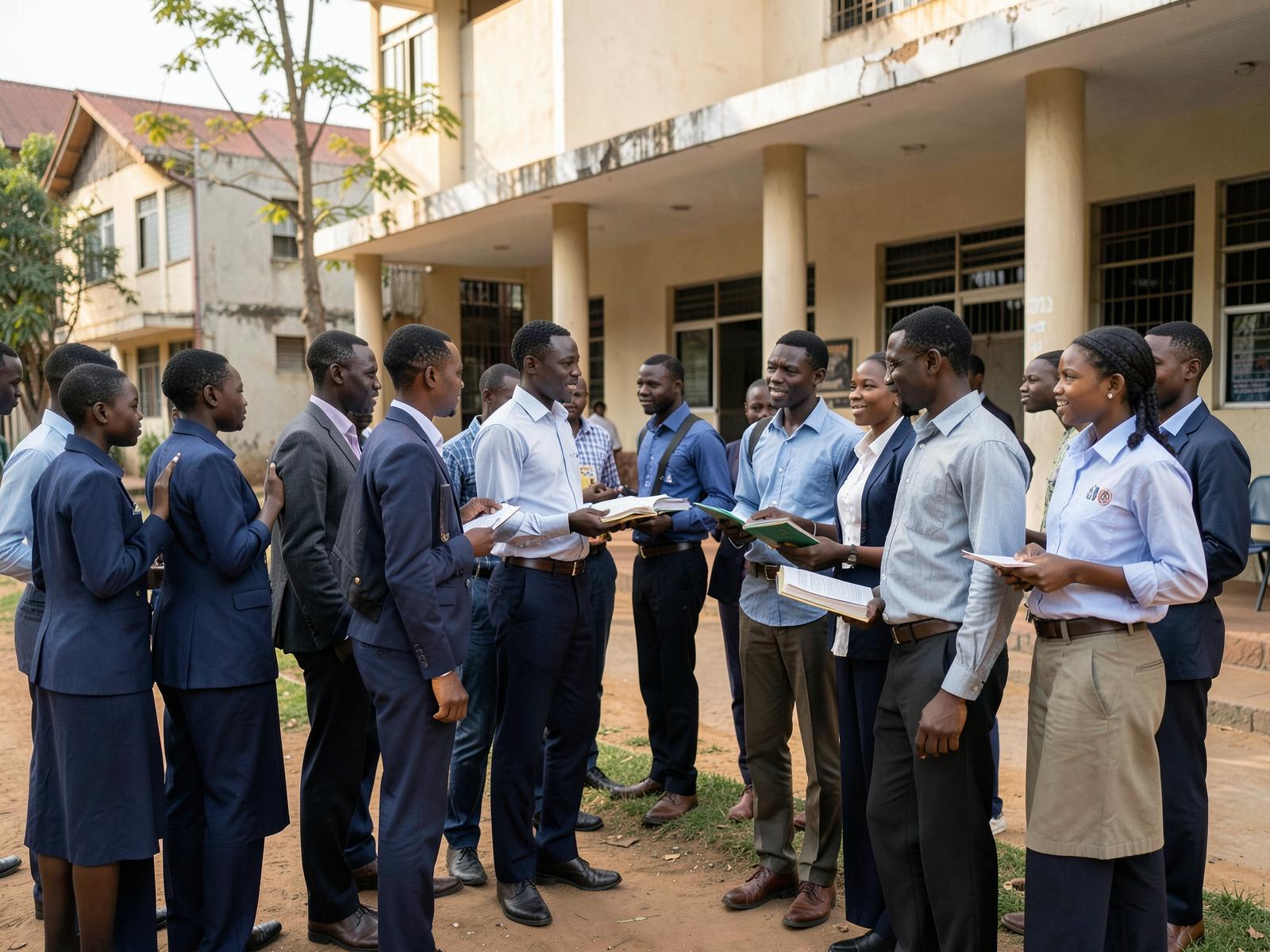 Secondary school students in uniform working attentively together at desks in a bright classroom