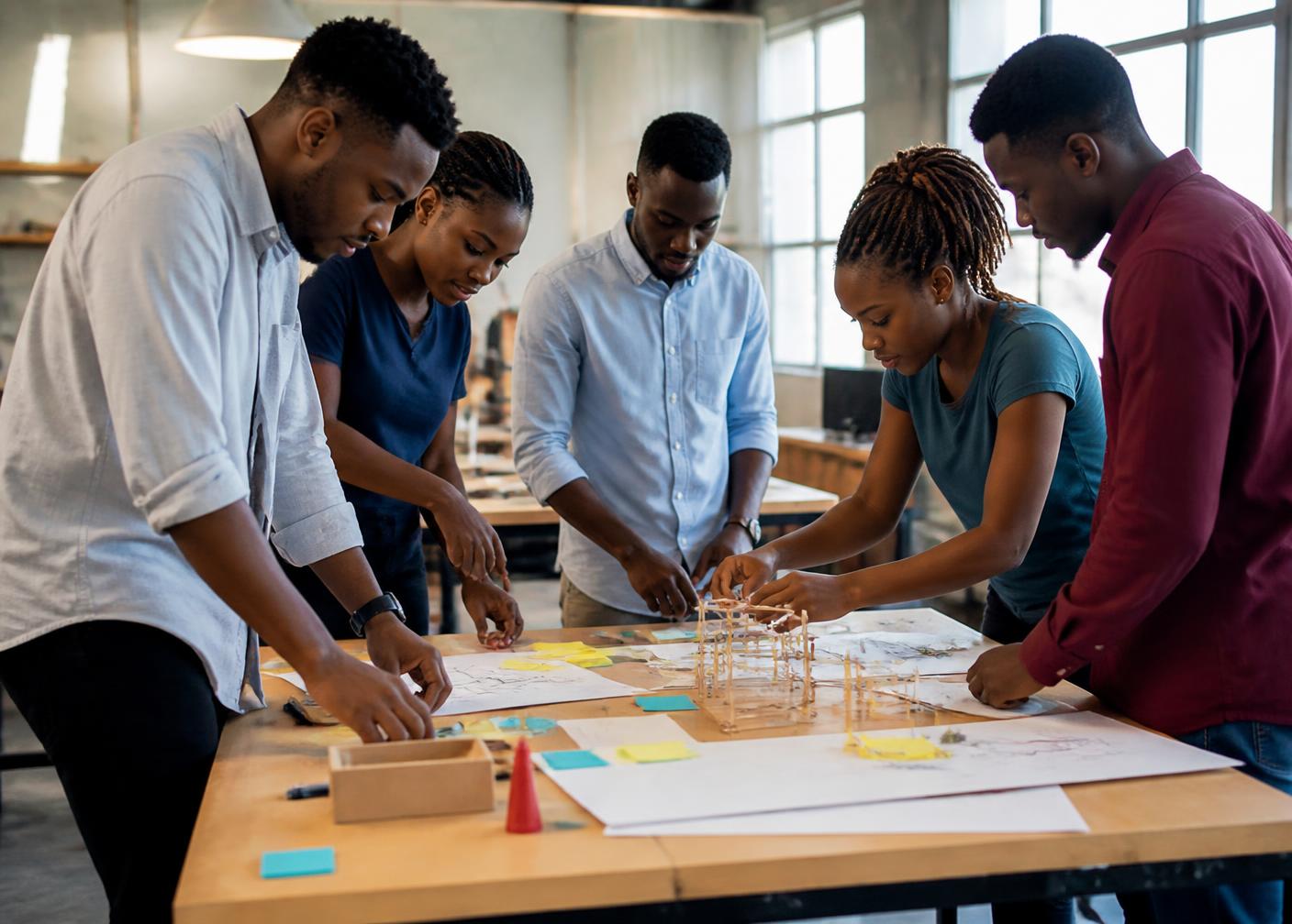 Young African adults working hands-on together around a table of plans and materials