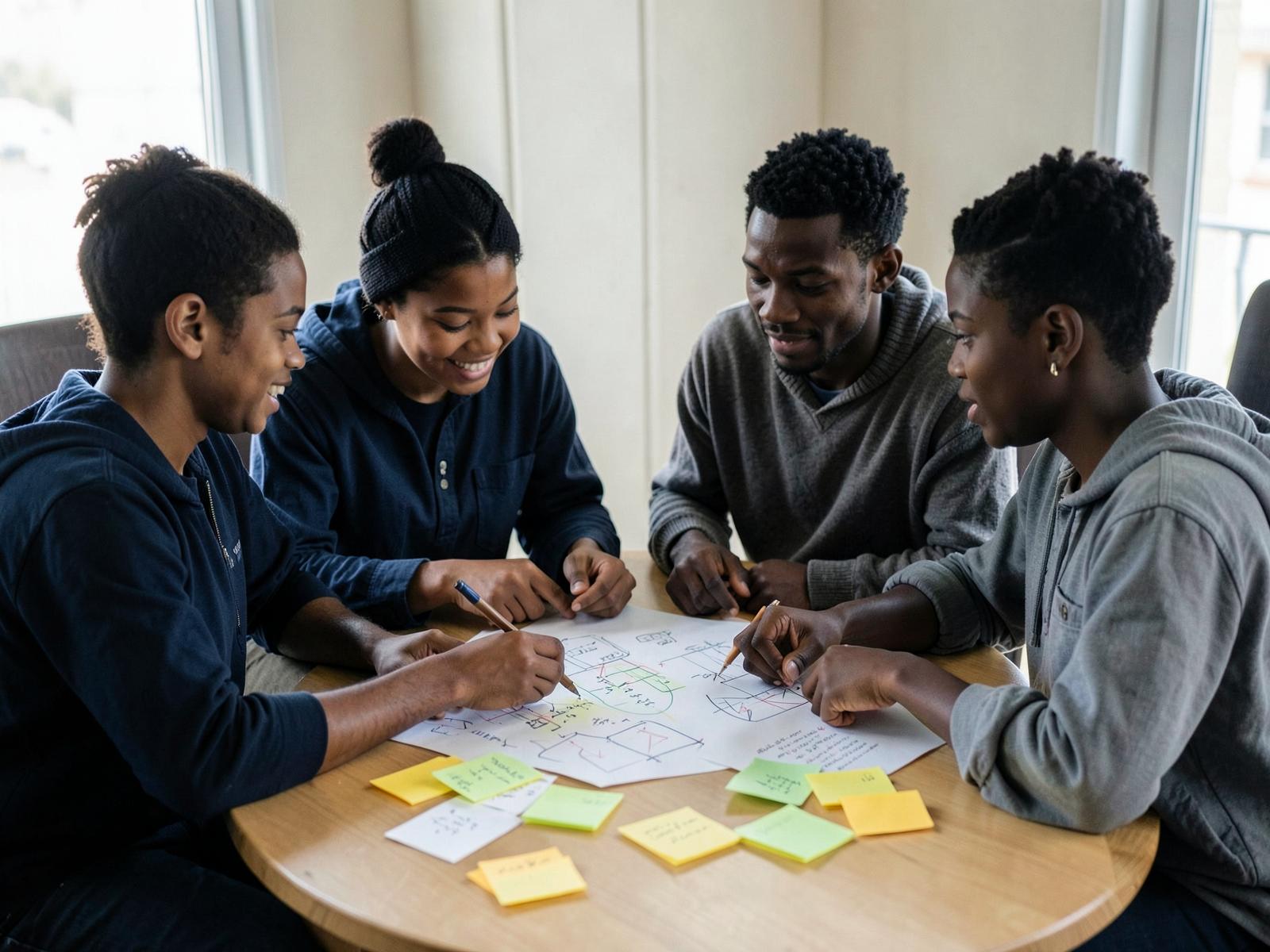 Four young African adults collaborating around a table with notes and diagrams while solving a problem together
