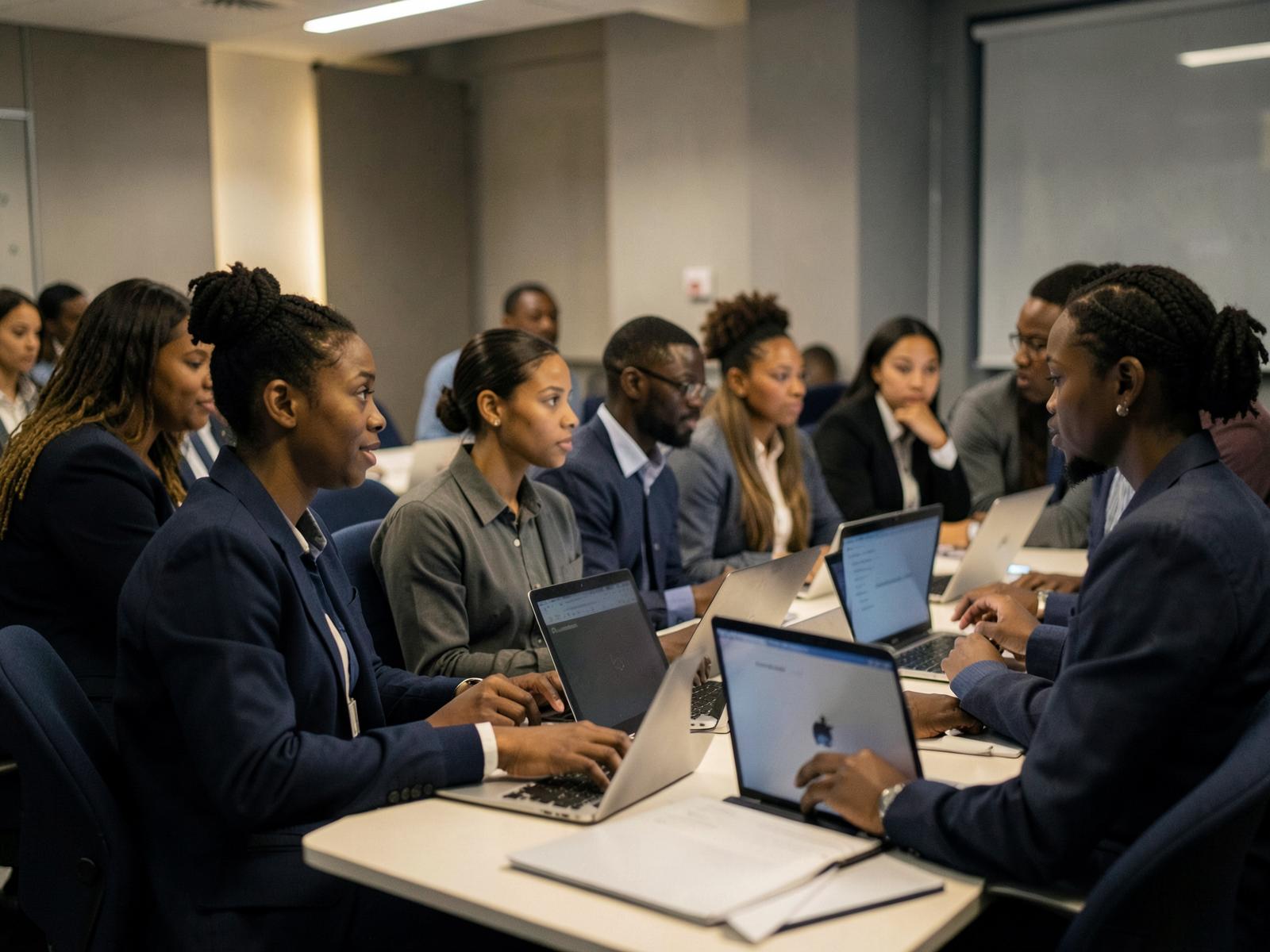 Young African professionals with laptops taking part in an evening professional development session in a seminar room