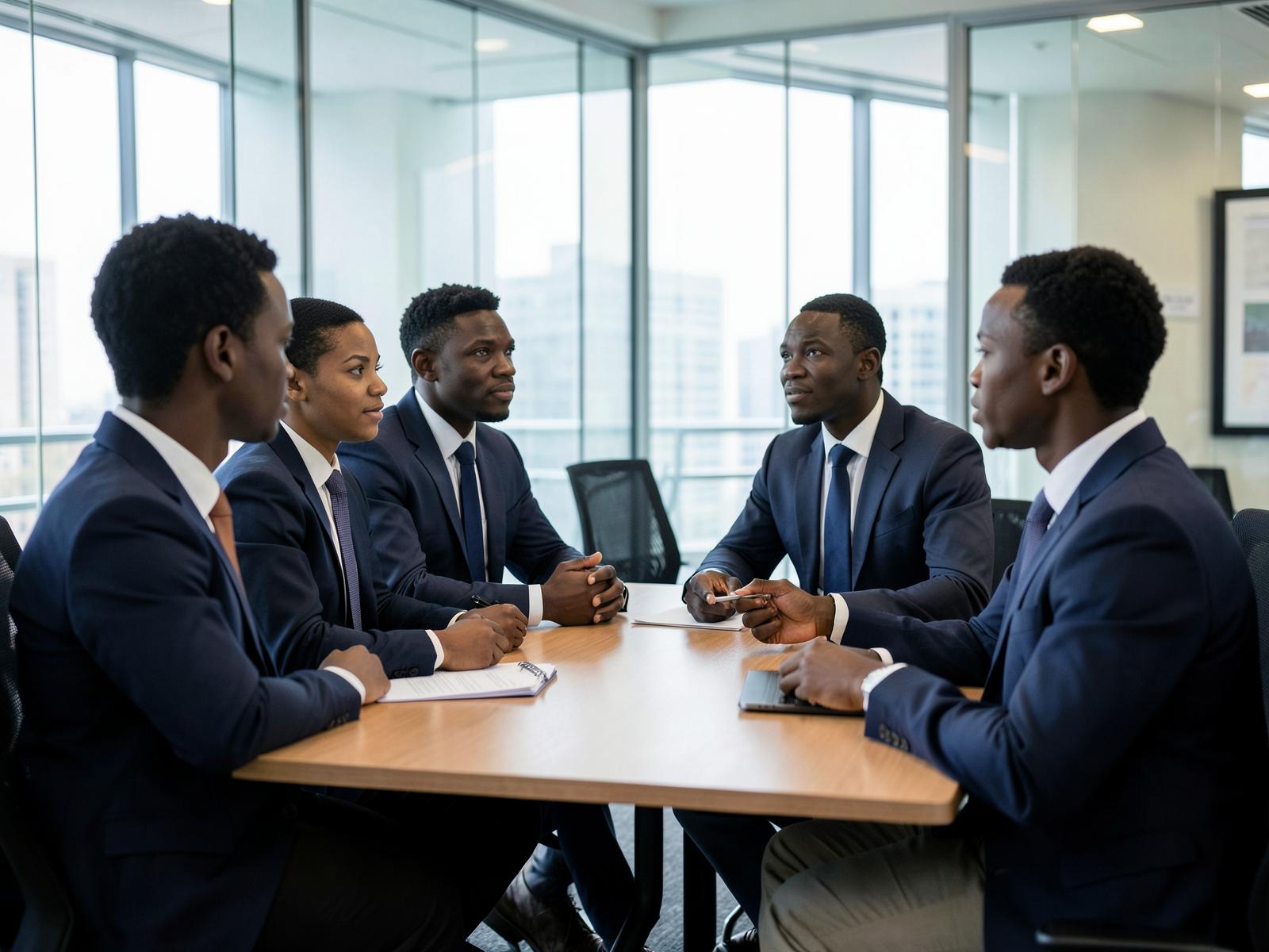 Young African professionals in business attire holding a formal discussion around a table in a glass walled meeting room